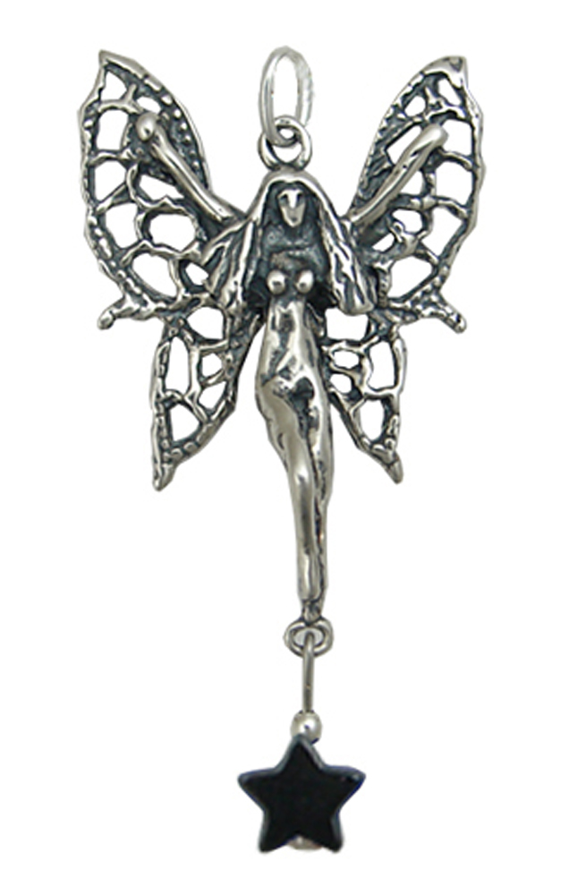 Sterling Silver Filigree Flying Fairy Pendant With Lucky Black Star
